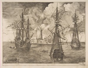 Four-Master Left and Two Three-Masters Anchored near a Fortified Island with a Lighthouse, 1561-65 by Frans Huys