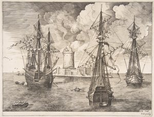 Four-master and Two Three-masters Anchored near a Fortified Island (from The Sailing Vessels) by Frans Huys