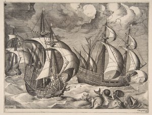 Three Caravels in a Rising Squall with Arion on a Dolphin (from The Sailing Vessels) by Frans Huys
