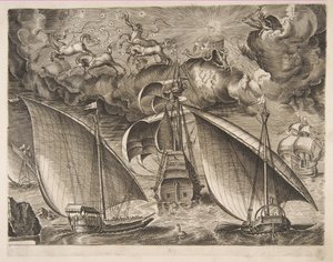 Two Galleys Sailing Behind an Armed Three-Master with Phaeton and Jupiter in the Sky by Frans Huys