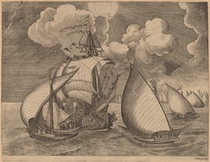 A Fleet of Galleys Escorted by a Caravel by Frans Huys after Pieter Bruegel the Elder