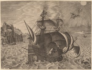 Armed Three-Master with Daedalus and Icarus in the Sky by Frans Huys after Pieter Bruegel the Elder