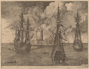 Four-Master (Left) and Two Three-Masters Anchored Near a Fortified Island with a Lighthouse by Frans Huys after Pieter Bruegel the Elder