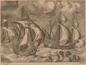 Three Caravels in a Rising Squall with Adrion on a Dolphin by Frans Huys after Pieter Bruegel the Elder