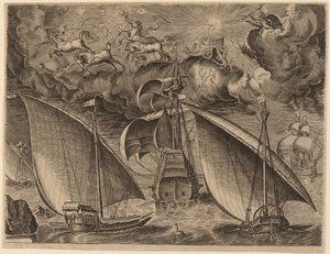 Two Galleys behind an Armed Three-Master with Phaethon and Jupiter in the Sky by Frans Huys after Pieter Bruegel the Elder