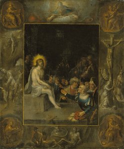 The Mocking of Christ, in a Grisaille Surround Depicting God the Father, the Evangelists, The Crucifixion, The Resurrection and The Devil and Death with the Crowned Serpent by Frans II the Younger Francken