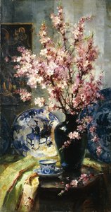 Apple Blossoms and Blue and White Porcelain on a Table by Frans Mortelmans