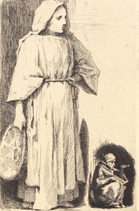 Standing Woman with a Basket. A Small Beggar in the Corner by Frans Schwartz