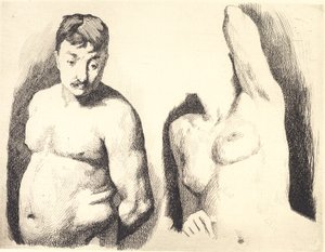 Test Plate with Two Studies of a Nude Male and Female Model in Half-Figure by Frans Schwartz