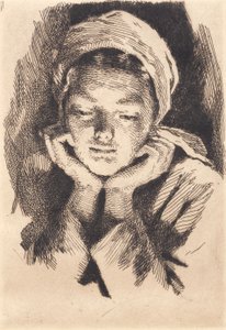 Young Woman with Cap, Facing Forward, Supporting Head in Hands. Bust