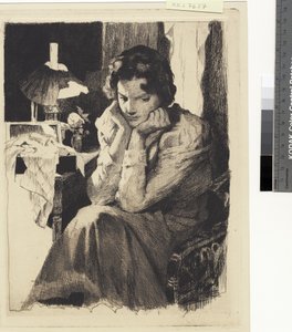Young Girl by Her Lamp, Supporting Her Head with Both Hands by Frans Schwartz