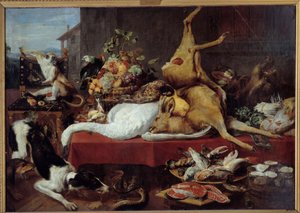 Still life with deer game (pheasant, goose, deer), slice of fish, crab, legumes by Frans Snyders
