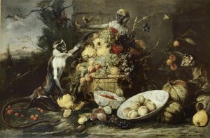 Three Monkeys Stealing Fruits, with a View on a Landscape