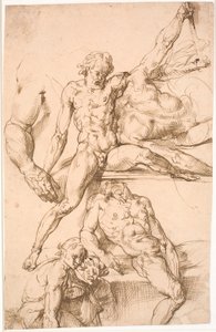 Sheet with studies: above two men wrestling and study of a right arm. Below: a reclining seated man, and two slightly leaning forward half-figure men by Frantz Cleyn