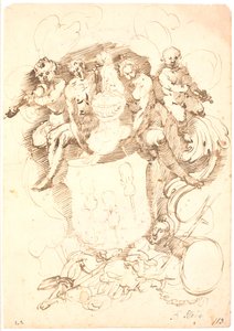 Heraldic Composition: Coat of Arms with Three Inverted Violins, Dog-Crowned Helmet, Surrounded by Two Figures and Two Violin-Playing Putti, All Resting on a Reclining Male Figure (Neptune?) by Frantz Cleyn
