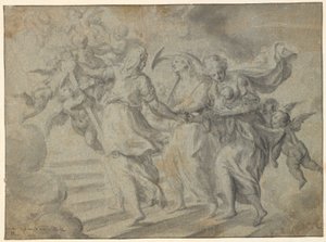 Religious Composition: Three Women Carrying a Child Up a Staircase, Towards a Group of Floating Angels with a Cross by Frantz Cleyn