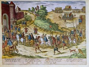 Entry of Duke Ferdinand Alvare of Toledo or Fernando Alvarez de Toledo y Pimentel (1508-1582), 3rd Duke of Alba de Tormes, in Brussels on 08/08/1567 with the Spanish Army. 1653 Print by Franz Hogenberg (1535-1590) Cabinet of Prints, B.N., Paris. by Franz (after) Hogenberg