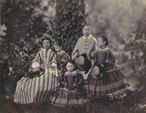 Seated Lady in Striped Dress with Four Little Girls