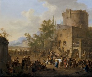 An Italian City View with Figures Dancing the Saltarello
