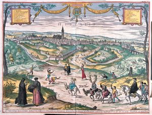 Seville, Spain. With a punishment scene: a procuress or an adulteress, has been smeared with honey and is swarming with bees. The cuckold follows behind, wearing antlers and a string of bells. The procession is accompanied by magistrates (engraving) by Franz Hogenberg