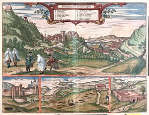 View of the Alhambra with the City of Granada, Spain: on the top a view of the Alhambra on Cerro del Sol Hill. The view bottom left shows the closed doors of the Alhambra. In the centre are the mouths of the Masmoros caves by Franz Hogenberg