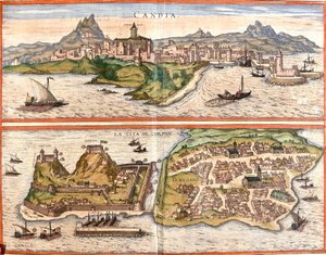 Views of Candia, current Heraklion on the island of Crete and Corfu, Greek island by Franz Hogenberg