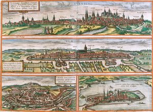 Views of Nuremberg (Nurnberga), Ulm (Ulma), Lindau (Lindola), Germany and Salzburg (Salisburgensis) in Austria by Franz Hogenberg