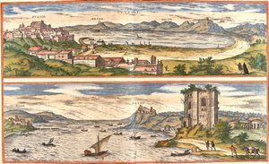 Views of Pozzoli and Bays (present-day Baia), Italy, with the ancient remains of the thermal baths of the Gulf of Naples and a fortress by Franz Hogenberg