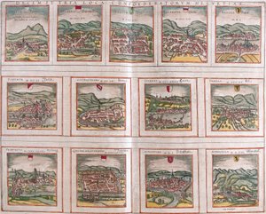 Views of the main cities of the Swiss Confederation: Schwytz, Zug, Glaris, Bale, Zurich, Bern, Lucerne, Uri, Fribourg, Solothurn, Schaffhausen by Franz Hogenberg