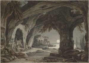 Ideal landscape with rock grotto, tombs and ruins in the moonlight, c. 1790 by Franz Innocenz Josef Kobell