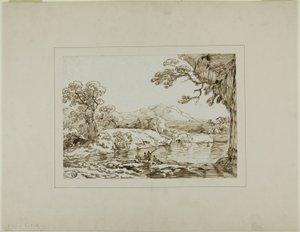 Landscape with River, Distant Hills, and Figures Fishing in Foreground by Franz Kobell