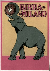 Advertising poster for Milano beer illustrated by Franz Laskoff representing an elephant drinking with its trunk directly from the barrel. 20th century