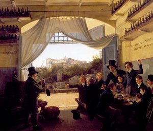 Louis II of Bavaria toasts with friends in the Spanish wine tavern in Rome. 1824