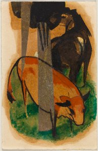 Red Horse and Yellow Ox (Black-Brown Horse and Yellow Ox), Postcard from Sindelsdorf to Alfred Kubin in Wernstein/Zwickledt