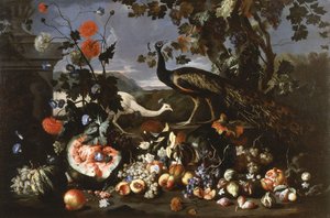 A Peacock and a Penhen with Fruit and Flowers in a Park