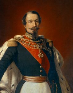 Portrait of Napoleon III (1808-1873), Emperor of the French in front of a view of the Chateau de Saint Cloud. (Detail) of painting by Franz Xaver Winterhalter (1806-1873)