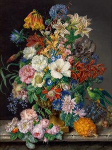 Flower Piece with Pineapple, Grapes, and Parrot by Franz Xaver Petter