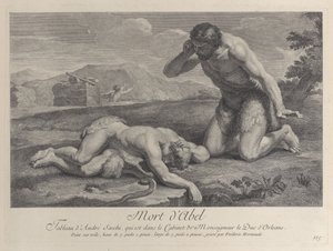 Adam kneels in grief beside the body of Abel, while Cain flees in the background