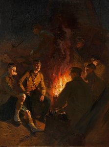 Somewhere at the front, soldiers around a campfire at night, Western Front