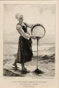 A Young Bretonne Winnowing Buckwheat at the Seaside, engraved by Cadart in 1874 by Frederic Auguste Laguillermie