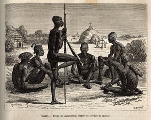 Dinkas from the village of Koudj (Senegal), whose body covered with ashes, to protect them from insects and parasites is also a cosmetic and social feature, engraved after Laguillermie