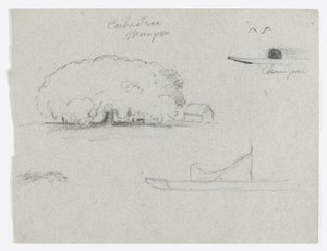 Ceiba Tree at Mompos, Champan Canoe, Trees, and a Partial Boat, Rio Magdalena, Colombia by Frederic Edwin Church
