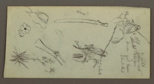 Two Figures Riding Horses, Carrying Spears, Sword, Lower Part of A Gun, etc., possibly 1868 by Frederic Edwin Church
