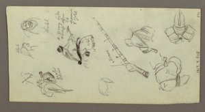 Two Figures Riding Horses, Carrying Spears, Sword, Lower Part of A Gun, etc., possibly 1868