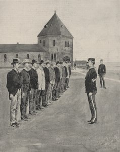 A First Lesson in The Art of War. Recruits for the Two Additional Artillery Regiments at Fort Slocum, Davids Island, Long Island Sound by Frederic Remington