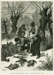 Catch ducks in the net. Engraving to illustrate the story A Through Alsace and Lorraine, in 1887, by Charles Grad, in the tour du monde 1888, directed by Edouard Charton, Hachette, Paris. by Frederic Theodore Lix
