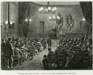 Conference to the workers of the Dollfus Mieg workshops, in Dornach. Engraving by Lix to illustrate the story 