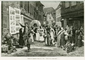 Lament singer in the streets of Barr. Engraving by Lix, to illustrate the story 