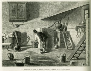 The distillation of the kirsch at the castle of Isenburg. Engraving to illustrate the story A Through Alsace and Lorraine, in 1887, by Charles Grad, in the tour du monde 1888, directed by Edouard Charton, Hachette, Paris. by Frederic Theodore Lix