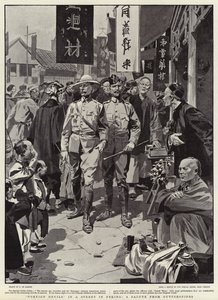 Foreign Devils in a Street in Peking, a Salute from Guttersnipes by Frederic de Haenen